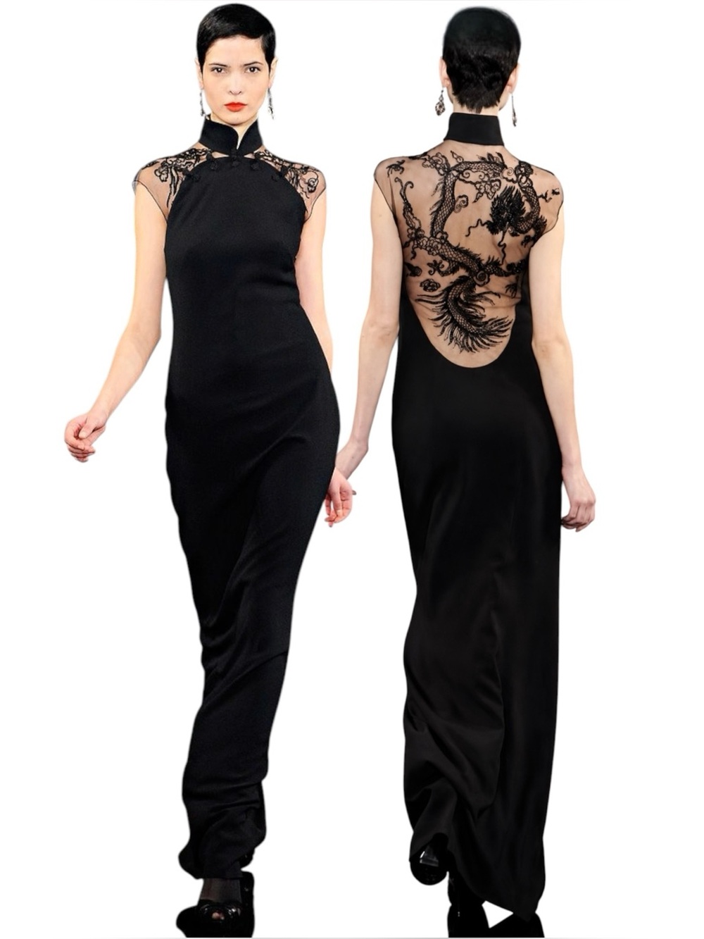 RALPH LAUREN COLLECTION BLACK DRAGON EMBROIDERED CHEONGSAM QIPAO MAXI DRESS SZ 6 - Picture 5 of 17
